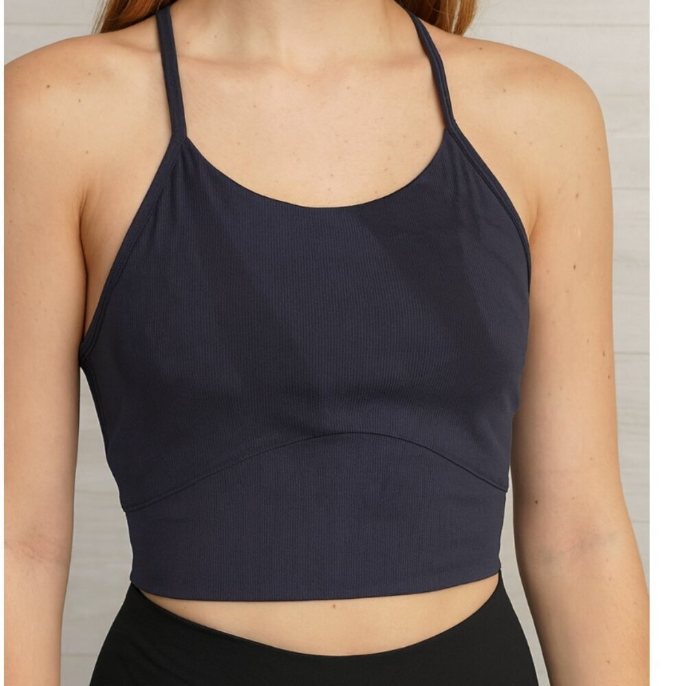 Stori Small Navy Blue T-Back Sports Bra Medium Support Ribbed Stretch Activewear